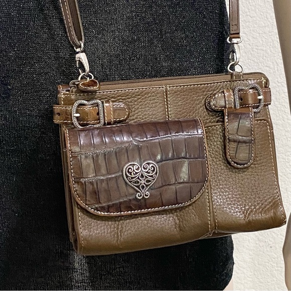 Vintage BRIGHTON Brown Olive Croc Embossed Leather Multifunction Crossbody Bag - Picture 1 of 16